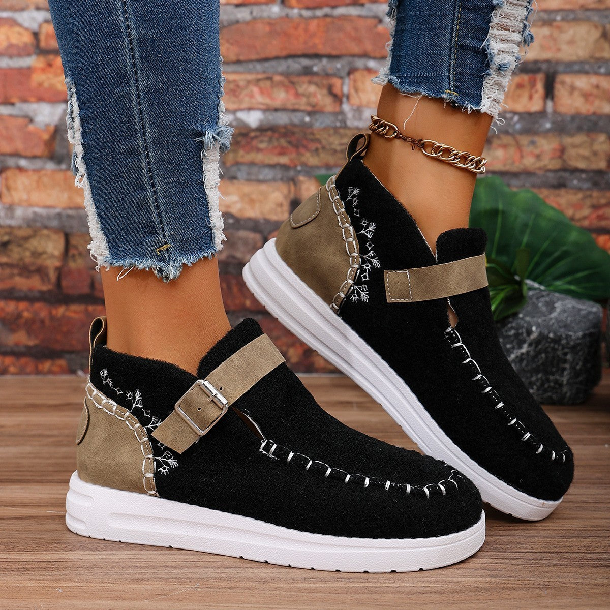 Thick Burr Warm Flat Bottom Cotton Shoes